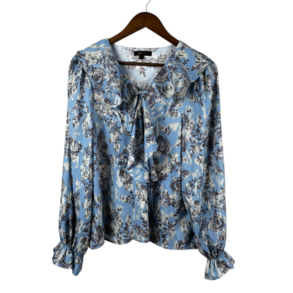 Frye Cottagecore Blue Paisley Floral Ruffle Front V-Neck Blouse Long Sleeve L